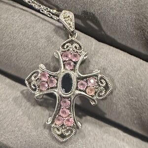 Elegant White Gold and Pink/Blue Sapphire Cross Pendant Necklace